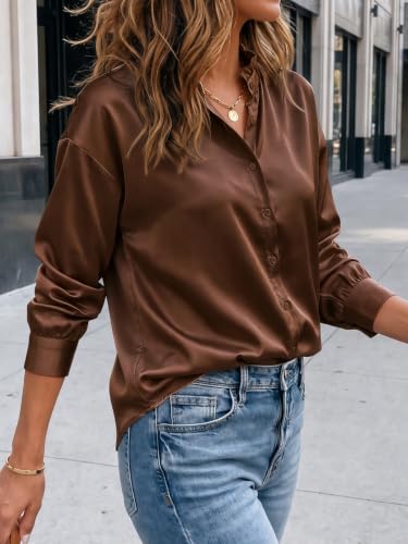 Cicy Bell Womens Satin Blouses Ruffle Collar Long Sleeve Button Down Shirts — view 4