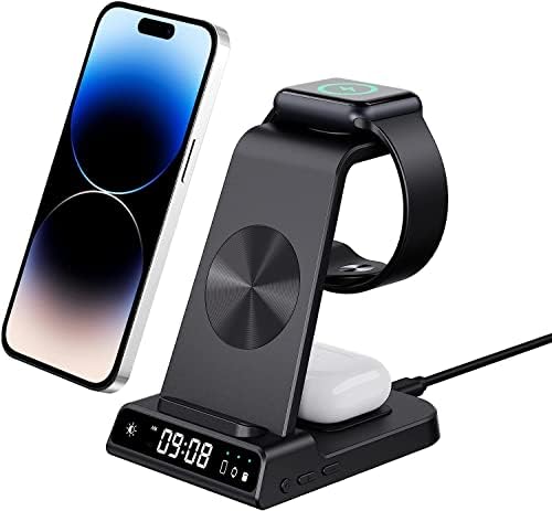 leChivée Wireless Charger iPhone, 3 in 1 Wireless Charging Station with Clock for iPhone 1 4/13/12/11, Apple Watch Charger Compatible with Apple Watch Ultra/8/7/6/5/4/3/2/SE, Air Pods (White)