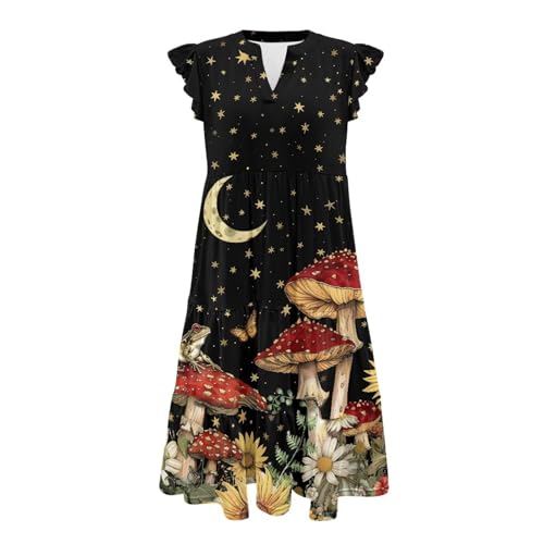Image of Women's Casual Ruffle Sleeve Dress V Neck Pullover Dress Flowy A-Line Pleated Lightweight Dress with Pockets