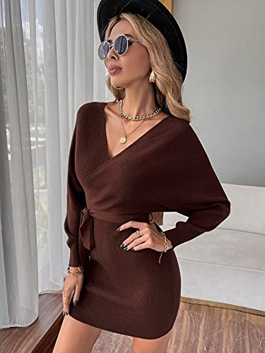 Shein Women's Casual Batwing Long Sleeve V Neck Backless Sweater Mini Dress Chocolate Brown S #TOP2