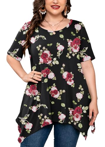 AusLook Plus Size Tops for Women Tunic Clothes Short Sleeve Midnight Red Rose Summer 2X Blouse Swing Tee Crewneck Clothing Flowy Shirts for Leggings