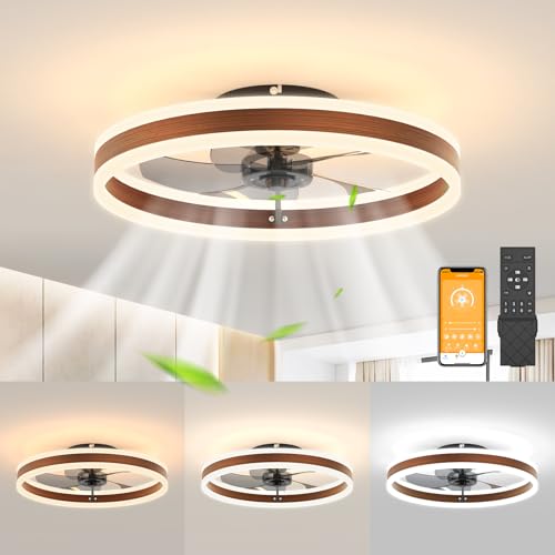JOFIOS Low Profile Ceiling Fans with Lights,19.7in Flush Mount Ceiling Fan with Remote,Stepless Dimmable Ceiling Fans for Bedroom,3 Colors - Walnut