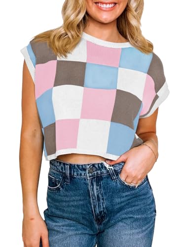 Image of Saodimallsu Womens Cap Sleeve Crop Tops Summer Color Block Going Out Crew Neck Knit Trendy Casual Sweater
