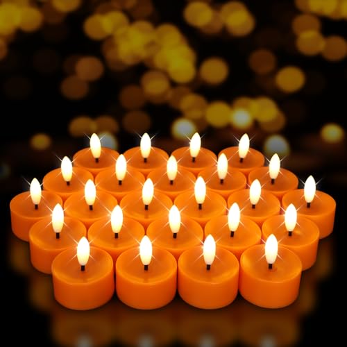 Image of 24 Pack Orange Flameless Tealight Candles Battery Operated Tea Lights, Realistic Flickering Fake LED Tealights Candles, 3D Wick LED Tea Lights for Halloween, Festival, Party, Home Decor