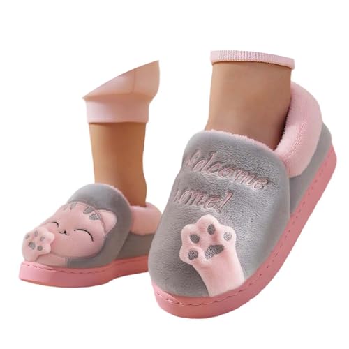 Zapatillas de estar por casa para mujer, hombre y niña, zapatillas cálidas de invierno para niños pequeños, suaves, cómodas, lindas y con diseño de dibujos animados para la escuela, ropa casual, gris