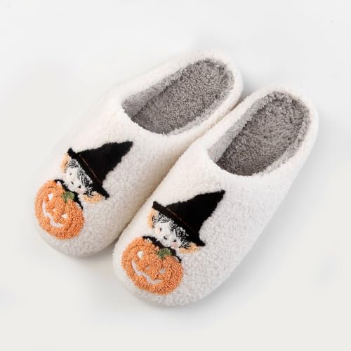 Image of Halloween Pumpkin Slippers for Womens Mens Plush Warm Spooky Lantern Pumpkin Slippers House Shoes