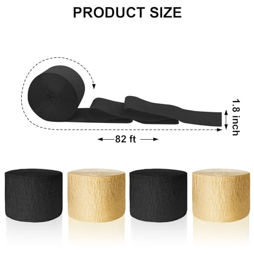 Image of 4 Crepe Paper Streamers Rolls, 328ft Pack of Black and Gold Crepe Paper for Birthday, Graduation, New Years, Wedding, Engagement Party Decorations (1.8 inch x 82 ft /Roll)