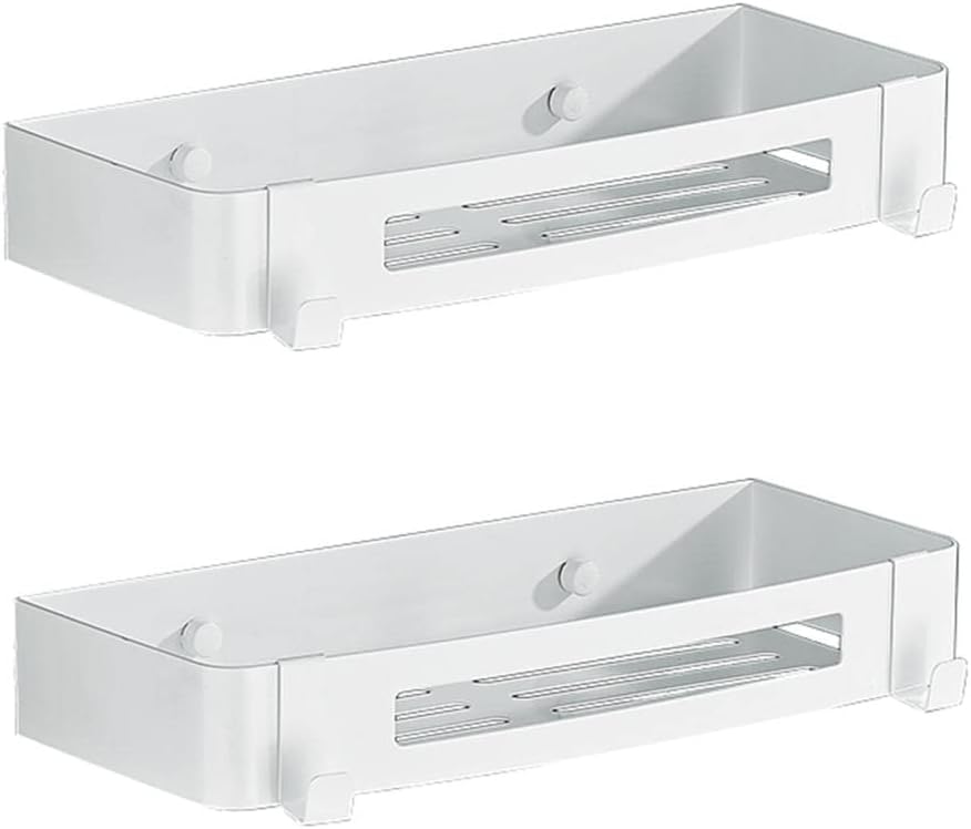 Bathroom Shelf White Rack Stainless Steel Shelving No Drilling with Hooks Adhesive Wall Mounted for Bathroom Toilet-1 Tier(2 Layer)