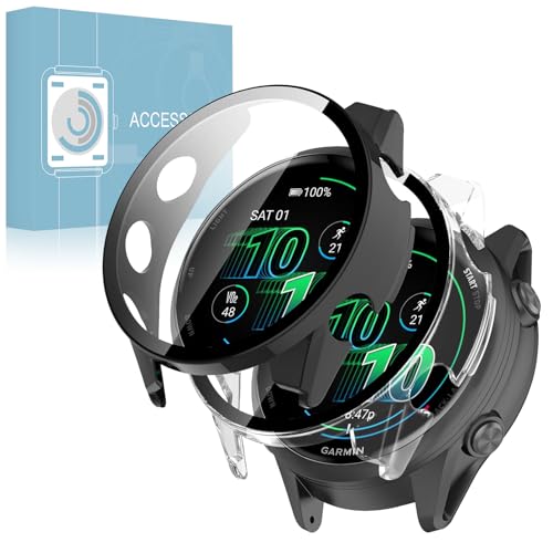 �y2���g�zFor Garmin Forerunner 570 47mm�p �P�[�X �K���X�t�B���� ��̌^ Forerunner 570 �ی�J�o�[ �S�ʕی� �����K���X �ϏՌ� �����ߗ� �w��h�~ �X�}�[�g�E�H�b�`�P�[�X�i�u���b�N+�N���A)