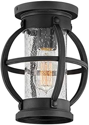 Hinkley Chatham Single Light Flush Mount Outdoor Ceiling Light, Composite, Clear Seedy Glass, Anti-Fading Finish, Coastal Style, Museum Black Finish