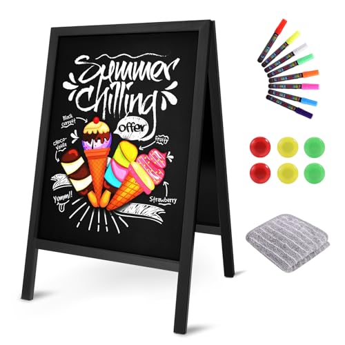 Chevalet Stop Trottoir 65x41 cm Tableau Noir Magnétique avec Support en Bois Pliable Panneau Publicitaire Extérieur avec 6 Aimants 8 Marqueurs 1 Effaceur pour...