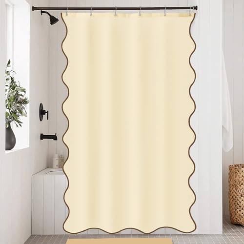 ORTIGIA Beige Shower Curtain with Brown Scalloped Edge, Farmhouse Neutral Cream Aesthetic Boho Small Stall Shower Curtain Waterproof Fabric Bath Bathroom Decor with Metal Hook 36 W x 72 H Inch