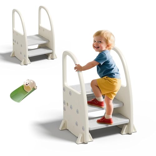 hoopyosms Taburete Infantil Antideslizante de 2/3 Peldaños con Asas, Escalón para Niños Seguro para Baño, Cocina y WC, Gris