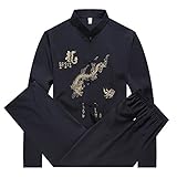 BOZEVON Herren Kampfsport Kung Fu Uniform Tang Anzug Mit Drachenmuster (Navy blau)