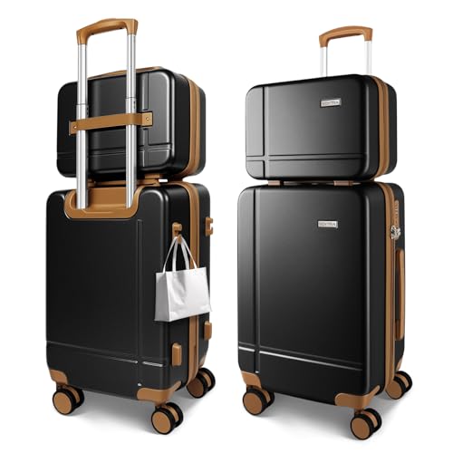 Image of 2 Piece Lightweight Luggage Set, 14 inch 20 inch Carry on & Checked Suitcase with TSA Lock, Durable Hardshell & Silent 360 Wheels for Business Travel, Airline Approved Professional Black