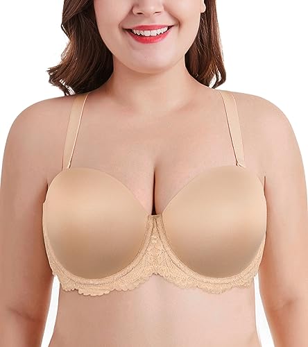 DotVol Women's Full Figure Strapless Bra Plus Size Underwire Contour Beauty Back Multiway Bra(Nude,36D)