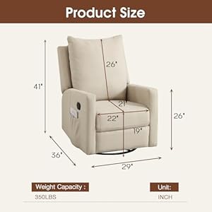 INZOY Glider Recliner Nursery Chair Swivel Rocker Recliner Nursing Chairs Swivel Glider Recliners with Soft Padded Backrest Fabric Manual Reclining Chair for Living Room Bedroom Apartment Beige