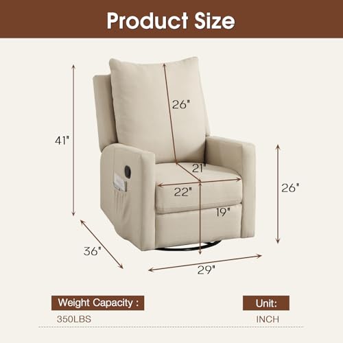 INZOY Glider Recliner Nursery Chair Swivel Rocker Recliner Nursing Chairs Swivel Glider Recliners with Soft Padded Backrest Fabric Manual Reclining Chair for Living Room Bedroom Apartment Beige