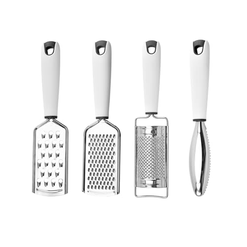 Bangsanth Zester, Käsereibe und Zitronenzester, 4-teiliges Set für alle Käsesorten, Zitronen, Schokolade, Obst und Gemüse, Fischschuppenentferner, Reibe-Set, vielseitiges Reibenset aus 304 Edelstahl