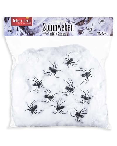 feiermeier Halloween Spinnweben 100g mit 10 Spinnen – Deko-Set in Weiß oder Schwarz für Party, Haus, Garten, Fenster – künstliches Spinnennetz gruselig