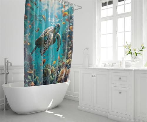 4Pcs Sea Turtle Bathroom Set - Ocean Turtle Bathroom Shower Curtain Sets with 12 Hooks, 70" x 70"