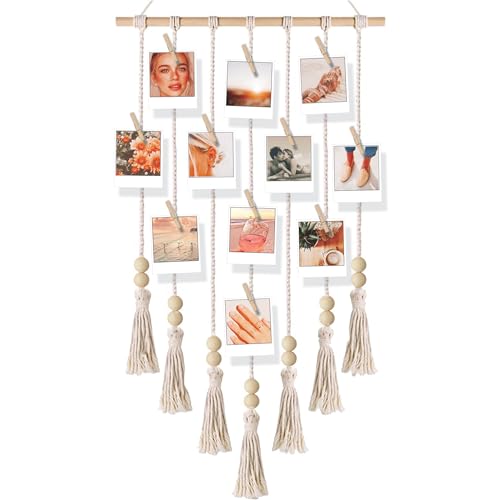 BIZYAC Hanging Photo Display Boho Macrame Wall Decor Room - Collage Picture Frame Hanging Card Holder for Bedroom - Teen Girl - 20 Clips - Pictures for Dorm Wall Decor