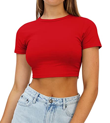 AirMood Womens Crop Summer Tee Tops Short Sleeve Casual Cropped Tshirt (Red,M)