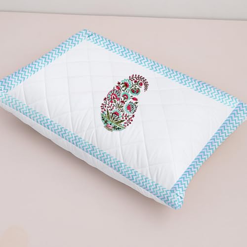 Image of LINENWALAS Block Printed Cotton Quilted Pillow Cover - Set of 4 | Ultra-Soft, Cooling & Breathable | Skin & Hair Friendly|Zipper Closure |Sweat-Absorbent & Hypoallergenic (18x28 Inches, Paisley Bloom)