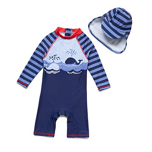 Baby Boy Sunsuits UPF 50+ One Piece L/S Swimsuits with Sun Hat (Whale 2, 6-9Months)