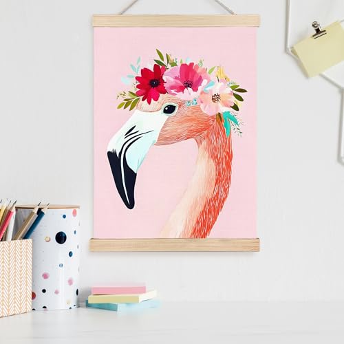 Image of PQKIY Floral Pink Flamingo Wall Art Poster Hanger Frame 12x16 in, Summer Exotic Tropical Bird Flamingo Wall Decor Canvas Prints for Nursery Girls Room Bedroom Dorm Apartment