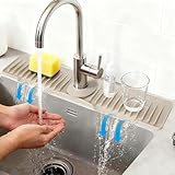 41cm Silikon Abtropfmatte für Küchenspüle & Wasserhahn - Spritzschutz mit 8° Neigung, selbstentleerend, inkl. Ablauf für Arbeitsplatte und Badezimmer, Weiß