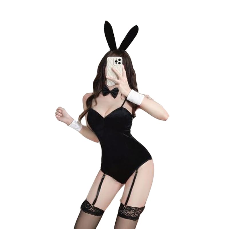 Oreilles de lapin et body velours pour costume cosplay ajusté