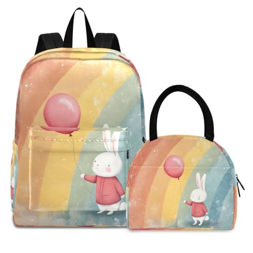 Cute Bunny Print Backpack Set with Lunch Bag, Large Capacity Travel Backpacks and Lunch Box Insulated for Commute Hiking Picnic