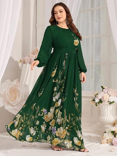 Image of Spring Summer 2024 Plus Size Womens Dresses V Neck Casual Elegant Long Sleeve Floral Print Maxi Dress