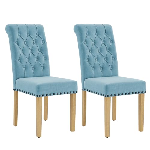 adochr Linen Fabric Dining Chairs Set of 2, Upholstered Dining Room Chair with Wooden Legs, Armless Parsons Chairs for Kitchen Dining Room Living Room, Light Blue