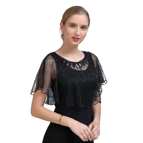 Image of PALAY Lace Shrugs Shawl for Women Stylish Sheer Cape for Women Cover Up Wraps Black Sequin Shawl for Wedding Dress, Off Shoulder Dress, Strapless Dresses