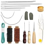 Aguja de coser completa: el kit de costura de reparación de cuero incluye 5 piezas diferentes tipos de agujas rectas y 2 agujas de coser curvas, que están hechas de material de aleación de alta calidad, afiladas, fuertes y duraderas. Puede elegir diferentes tamaños de agujas según sus necesidades para una costura más refinada.