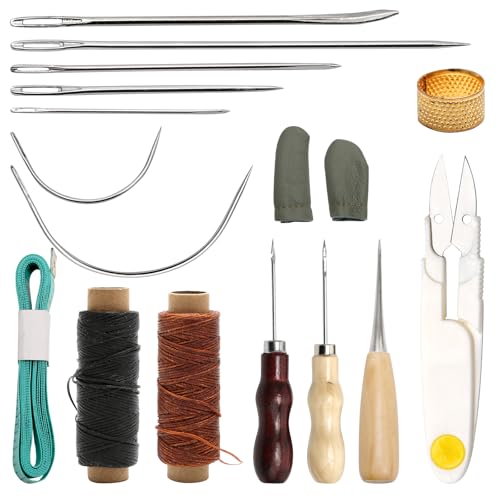 17 Stück Ledernadel Set, Leder Nähset, Ledernadeln Hand, 2 Rollen Leders Wachsfaden mit 7 Nadel, Fingerhut, Ahle mit Holzgriff, Fingerhüllen aus Leder, Leders Werkzeug für DIY Handwerk