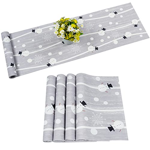 Alishomtll 1 chemin de table de Noël et sets de table rectangulaires lavables en forme de bonhomme de neige, 4 sets de table rectangulaires pour cuisine, salle à manger, restaurant (gris) Cover