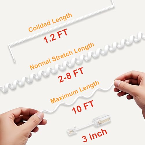 Image of Uvital 1 Pack Telephone Handset Cords with Detanglers, RJ9 4P4C, White | Landline Phone Cord Cable 10Ft Uncoiled(1.2Ft Coiled) , 360 Rotating Anti-Tangle Swivel Telephone Cords Untangler, Office