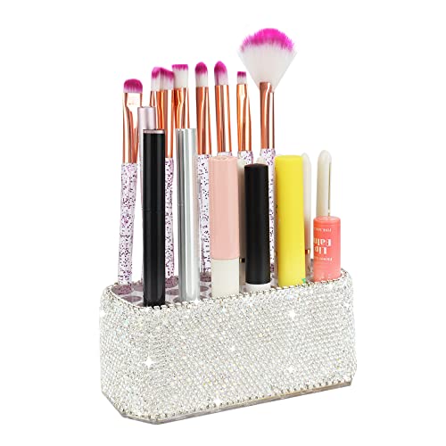 KEYPOWER Makeup Beauty Brush Bling Crystal Luxury Organizer for Slim Handles | 26 Space Cosmetic Storage Display Container (White) (Purely Handmade)