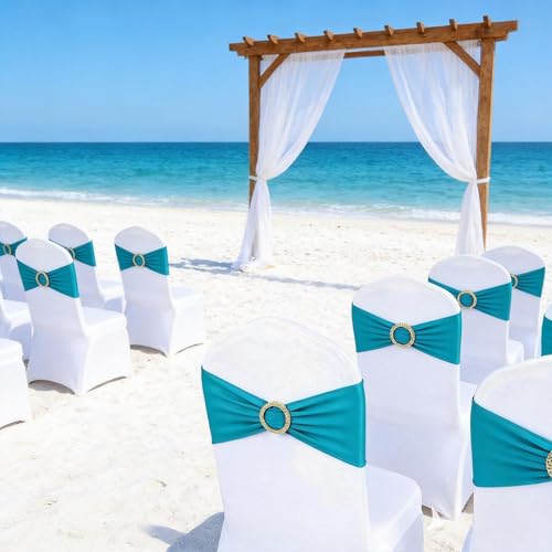 Image of Turquoise Chair Sashes 50 Pack, Spandex Turquoise Chair Bows with Gold Buckle for Wedding Decoration, Teal Chairs Bands for Party Banquet Gender Reveal Decor