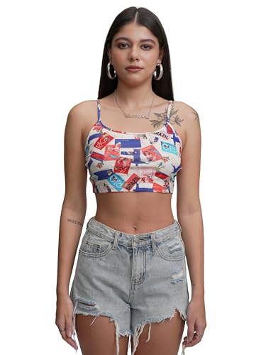 Image of Tokyo Talkies Women's Graphic Print Fitted Crop Top | Shoulder Straps | Chic & Versatile Cut Out | Perfect for Casual & Layered Looks | Tops for Woman | Women Tops | Women Crop Top