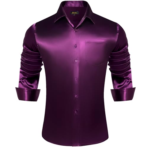 DiBanGu Mens Long Sleeve Button Down Shirt,Satin Shiny Dress Shirt for Men Solid Regular Fit Shirts with Pocket Wedding Party2
