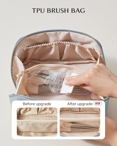 Image of EACHY Travel Makeup Bag, Large Capacity Cosmetic Bag for Women, Waterproof PU Leather, Flat Open Portable Toiletry Bag for Skincare, Brushes & Travel Essentials