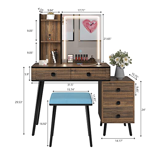 Lvsomt Vanity Desk With 3-Color Lighted Mirror, Makeup Vanity Table Set With Lights & Charging Station, 5 Drawers, Shelves, Dressing Table With Stool For Women Girls (Brown) #TOP7
