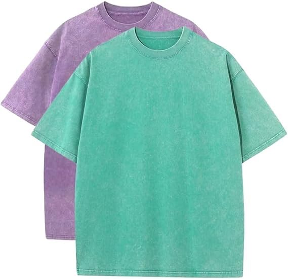 2PCS Men Oversize T-Shirt Men's Heavy Cotton Summer T-Shirt tee Loose Fit Short Casual Wash Solid Basic tee Tops