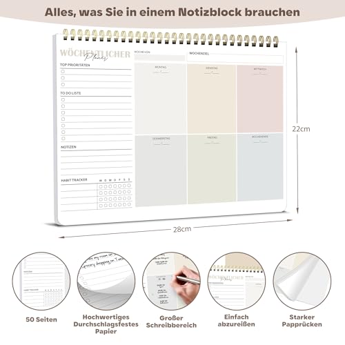 Wochenplaner Block A4 ohne festes Datum, 50 Seiten Weekly Planner, Schreibtischunterlage mit To Do Liste, Spiral-Wochenkalender Wochen Planer mit Wochenübersicht&Habit-Tracker für Termine, Aufgaben