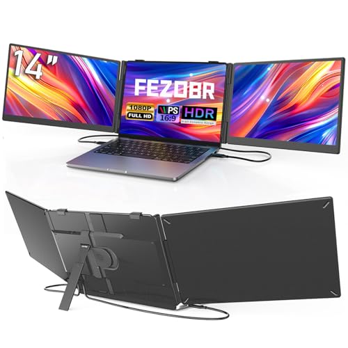 FEZOBR Laptop Screen Extender, 14' Ultra-Slim Triple Portable Monitor, 1080P FHD IPS Display, USB-C/HDMI Plug & Play, Monitor Extender for 13-17.3' Laptops, Mac/Windows/Chrome