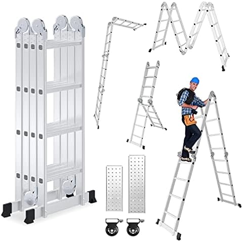 Escalera multiusos de aluminio Cecaylie con 2 plataformas y 2 ruedas Cover